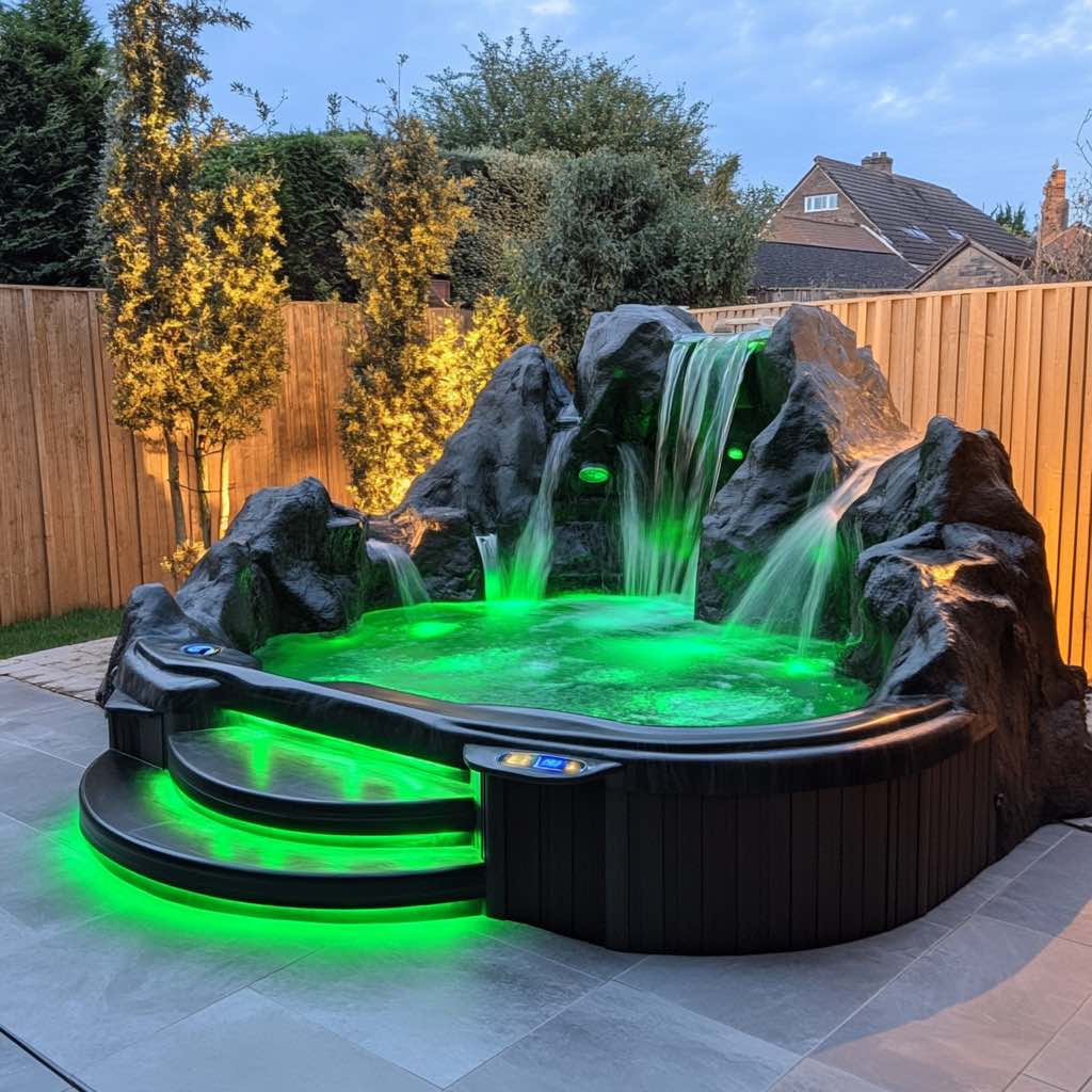 Luxury garden spa with green LED lighting and cascading waterfalls in a natural-inspired design.