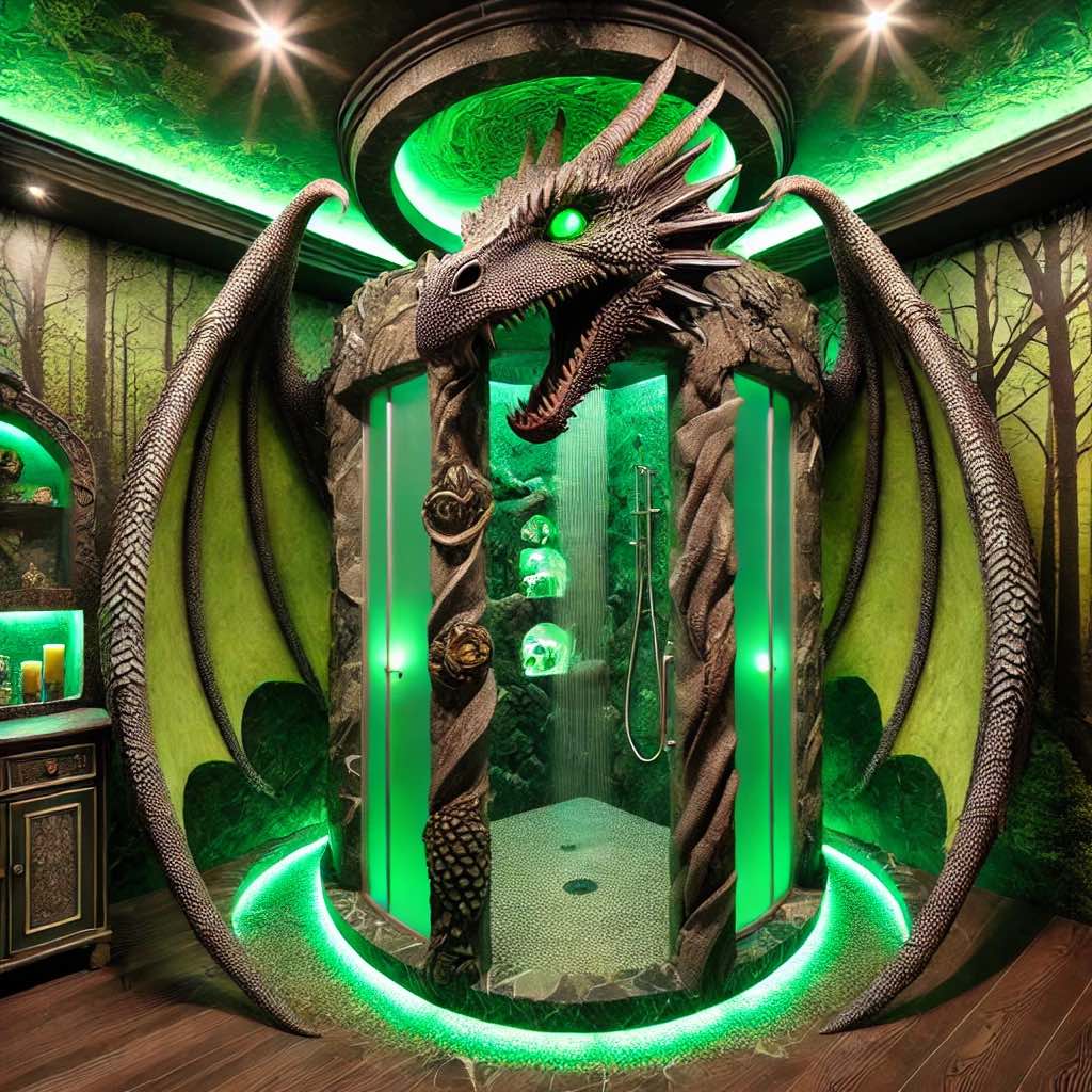 A dragon-themed shower featuring glowing green lights, intricate dragon wings, and a forest-inspired background.