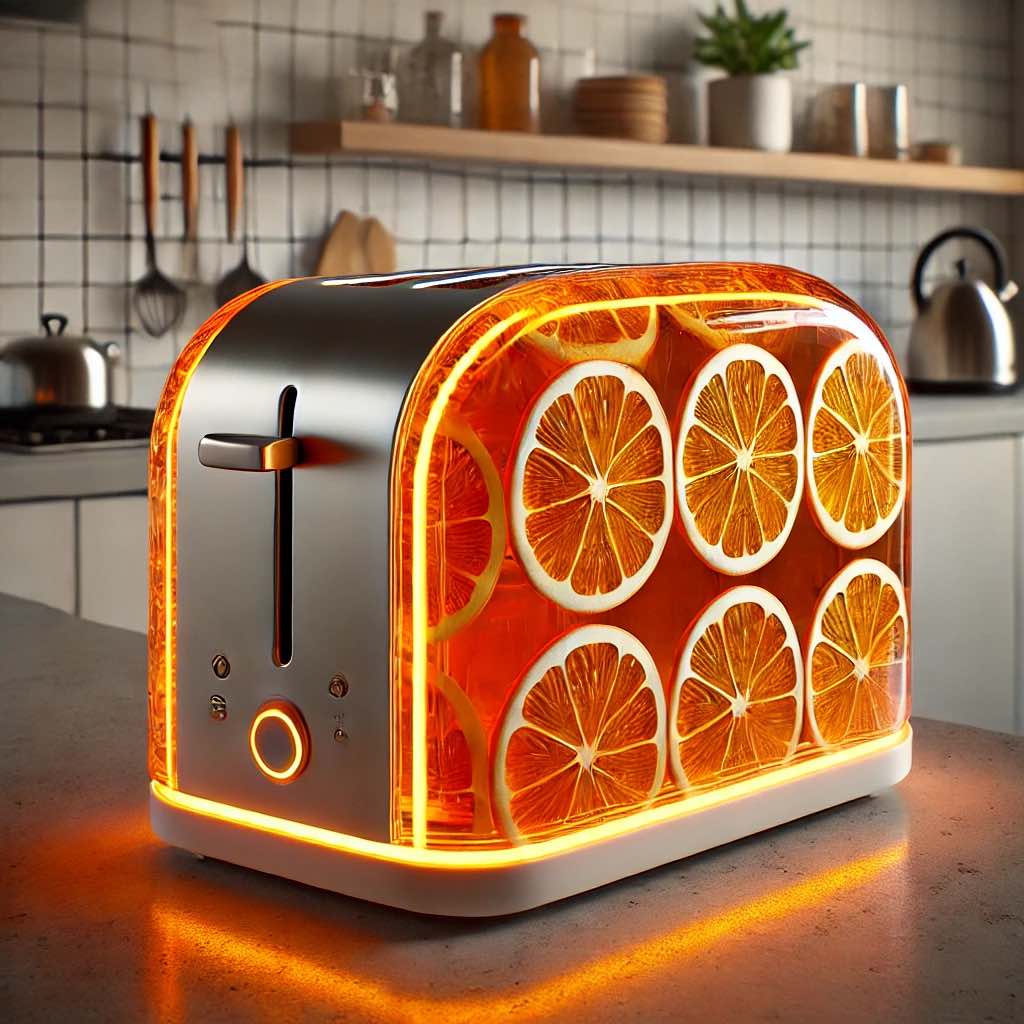 A vibrant orange-themed toaster with realistic orange slice designs and glowing edges in a contemporary kitchen setting.
