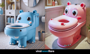 A modern bathroom featuring a white hippo-themed toilet with playful design elements.