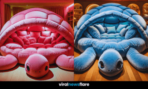 A turtle shell sofa with soft cushions in a cosy living room illuminated by warm lighting.