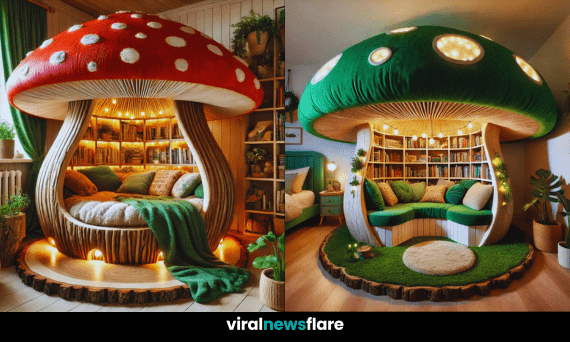 A whimsical mushroom-shaped furniture piece with built-in bookshelves, cosy cushions, and ambient lighting.