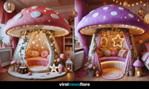 A whimsical mushroom-inspired bedroom with a pink mushroom cap bed, fairy lights, and floral accents.