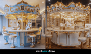 Luxurious carousel-themed kitchen bar with ornate gold accents and mood lighting.