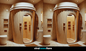 A modern bathroom featuring a unique coffee cup-shaped shower with a sleek design and built-in shelving.