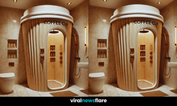 A modern bathroom featuring a unique coffee cup-shaped shower with a sleek design and built-in shelving.