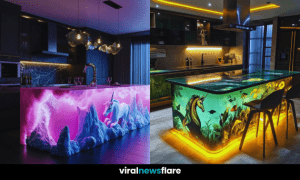 Vibrant unicorn-themed kitchen island with LED backlighting in a modern kitchen setting.