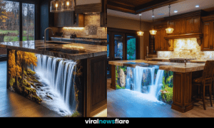 A luxurious kitchen showcasing a stunning waterfall-inspired island with vivid backlit imagery and modern accents.