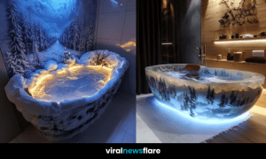 Freestanding bathtub with snowy landscape design and glowing LED lights in a modern bathroom.