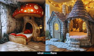 A collage of whimsical themed bedroom designs, including a mushroom bed, castle, hobbit house, pirate ship, and fortress.