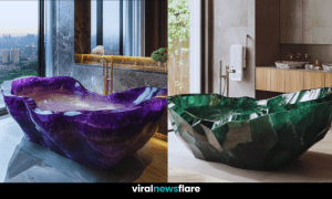 A collection of luxurious crystal bathtubs carved from rose quartz, amethyst, emerald, and aquamarine.