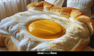 A beautifully styled room featuring a giant fried egg bed with plush cushions and a warm, sunny aesthetic.