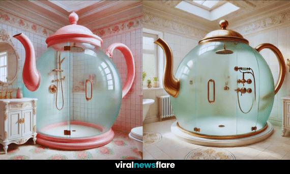 A luxurious teapot-shaped shower in a modern bathroom with elegant gold accents and frosted glass.
