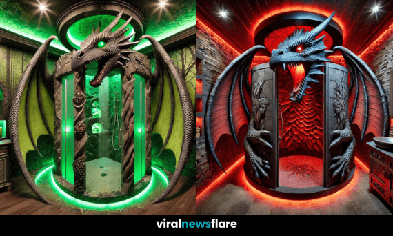 A stunning dragon-themed shower with glowing lights and intricate detailing, showcasing fantasy-inspired bathroom design.