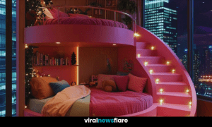 A modern bedroom featuring circular beds, a pink spiral staircase with starry lights, and large glass windows overlooking a cityscape.