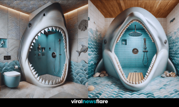 An artistic marine-themed bathroom with dramatic shower enclosures shaped like a shark’s and dolphin’s open mouths.