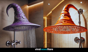 A wizard hat-shaped shower head with stars and moons, installed in a modern bathroom.