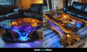 A glowing fantasy coffee table featuring illuminated waterfalls and a lush forest design under a glass top.