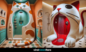 Two creative cat-themed showers, one featuring a vibrant ginger cat design and the other a bold red and white lucky cat.