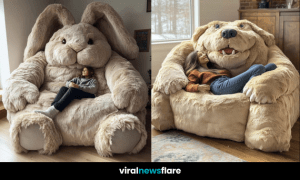 Woman relaxing on a large, plush bunny-shaped chair in a cosy living room setting.