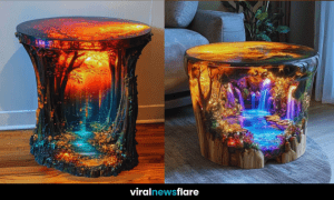 A glowing coffee table featuring a sunset forest design, with detailed carvings and vibrant colours.
