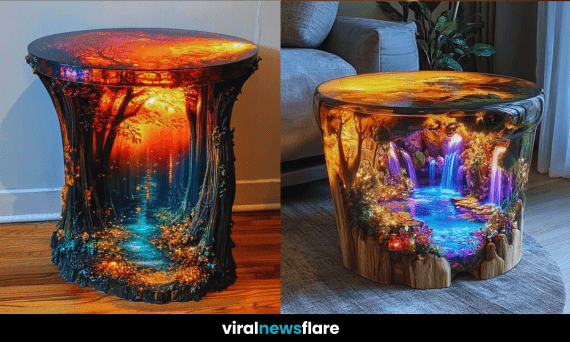 A glowing coffee table featuring a sunset forest design, with detailed carvings and vibrant colours.