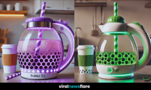 A collection of modern bubble tea kettles with LED lights and boba dispensers displayed on a kitchen counter.