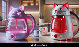 ED cat-themed electric kettle on a kitchen countertop with a steaming cup beside it.