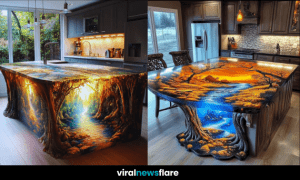 A stunning kitchen island with a glowing blue forest pathway design and LED illumination.