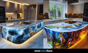 A collection of kitchens featuring unique cat-themed artwork and creative design elements.