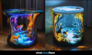 A stunning fantasy cat table featuring a glowing forest scene with curious cats and intricate details.