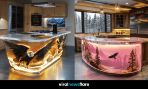 Kitchen island featuring a glowing eagle design with LED lighting, adding elegance and modern style.