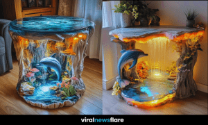 A stunning dolphin aquarium table featuring lifelike dolphins and vibrant coral reefs, illuminated by soft lighting.