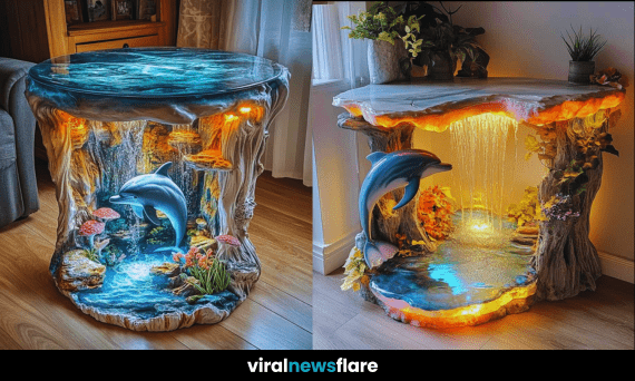 A stunning dolphin aquarium table featuring lifelike dolphins and vibrant coral reefs, illuminated by soft lighting.