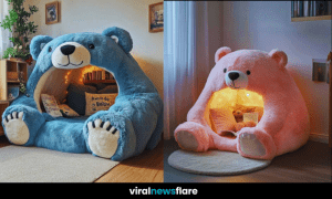 A collection of bear-shaped reading nooks in white, blue, and pink, designed for comfort and style.
