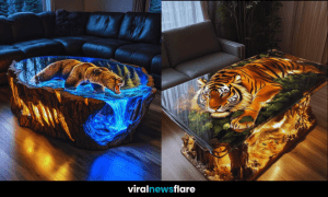 A collection of wildlife-themed coffee tables featuring tiger, bear, and lion designs in a modern living room.