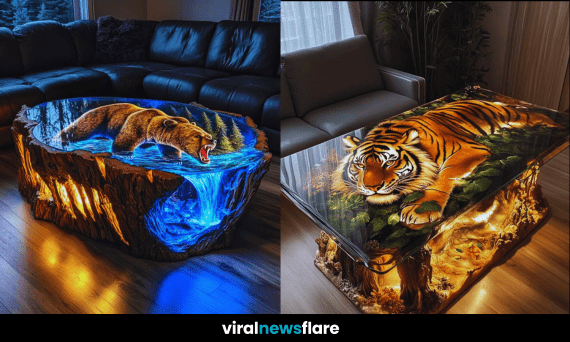 A collection of wildlife-themed coffee tables featuring tiger, bear, and lion designs in a modern living room.