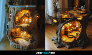 glowing miniature treehouse table with intricate details and a glass top, perfect for unique home decor.