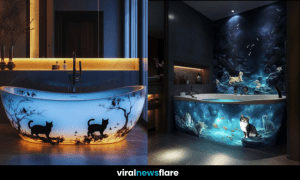 A luxurious cat-themed bathtub with intricate artwork, blending feline motifs with ambient lighting for an elegant bathroom experience.