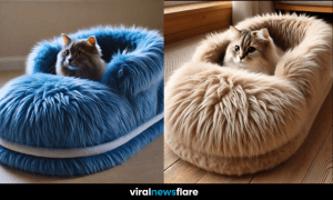 A stylish faux fur slipper-style cat bed in blue, providing the ultimate comfort for a cosy feline.