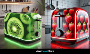 A collection of fruit-inspired toasters featuring grape, orange, strawberry, lemon, and kiwi designs in a modern kitchen.