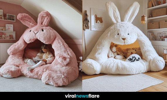 A large plush bunny-shaped nest in a child's bedroom, creating a warm and inviting space for reading and relaxation.