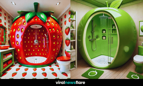 A collection of fruit-themed bathrooms featuring apple, banana, and strawberry-inspired shower enclosures