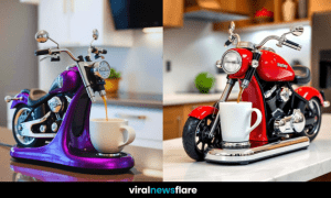 A stylish motorcycle-themed coffee maker brewing a fresh cup of espresso on a kitchen counter.