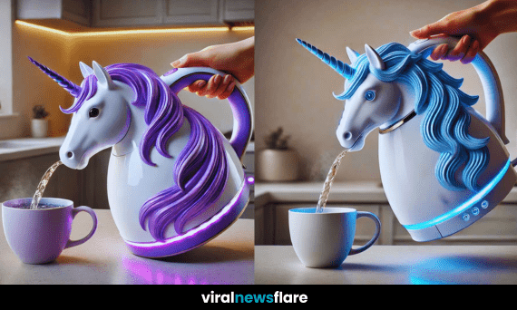 A stylish unicorn-shaped kettle with LED lights pouring hot water into a mug in a modern kitchen setting.
