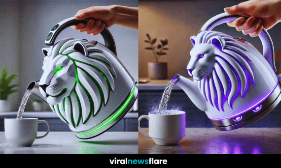 Stylish lion-themed electric kettle with LED lighting, pouring hot water into a mug in a modern kitchen setting.
