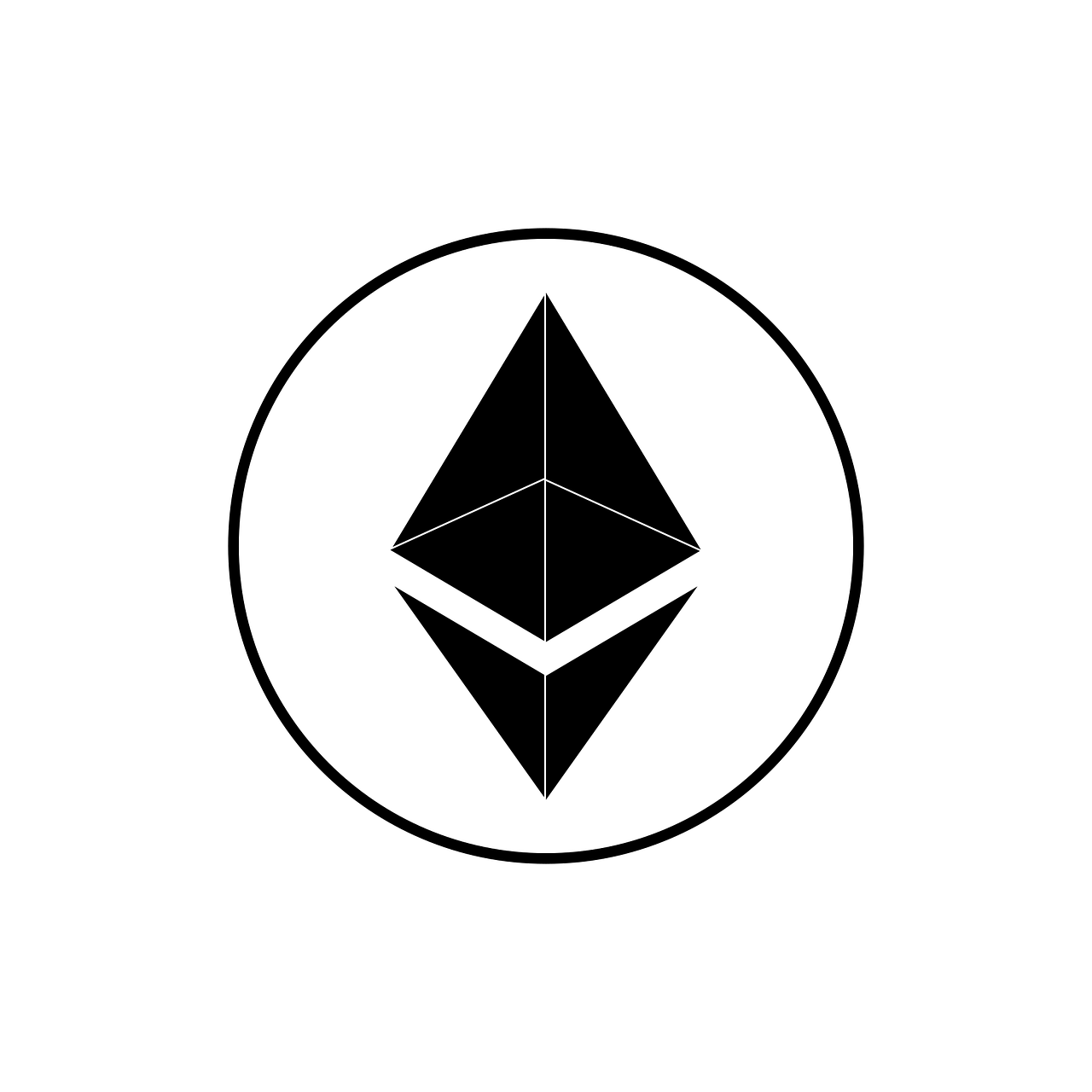 Black Ethereum logo with a geometric diamond shape enclosed in a circular outline on a white background.