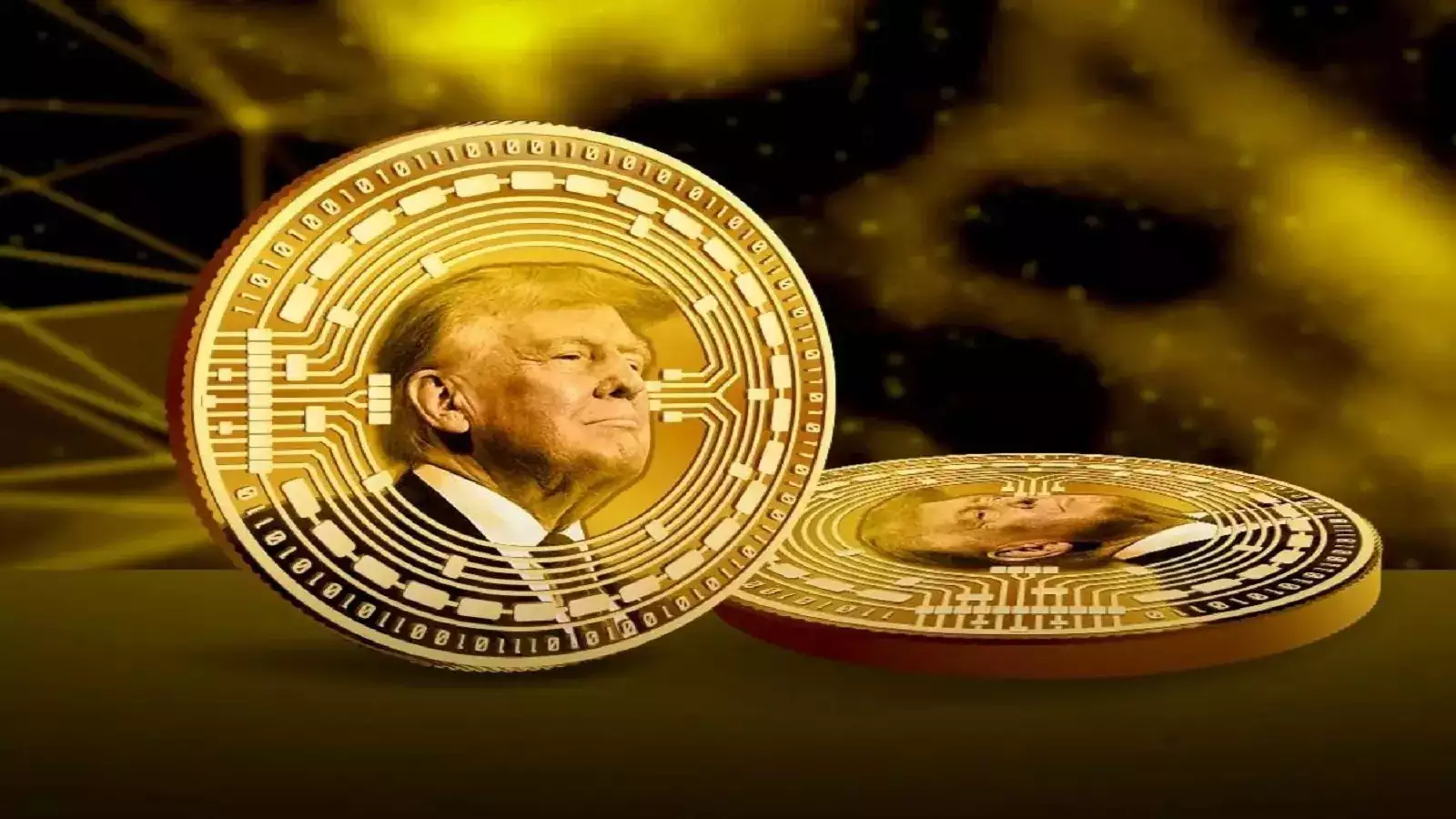 Two gold-colored digital coins featuring the profile image of Donald Trump, set against a futuristic, glowing yellow and black background