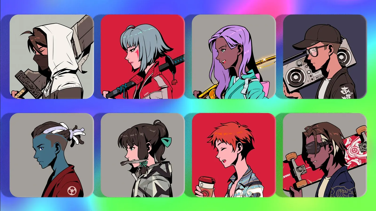 A collection of vibrant Azuki NFT avatars featuring diverse anime-style characters with unique accessories and futuristic aesthetics.