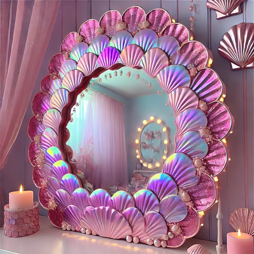 A dreamy pink and purple seashell mirror with shimmering shell details and glowing lights, perfect for a fantasy-inspired room.